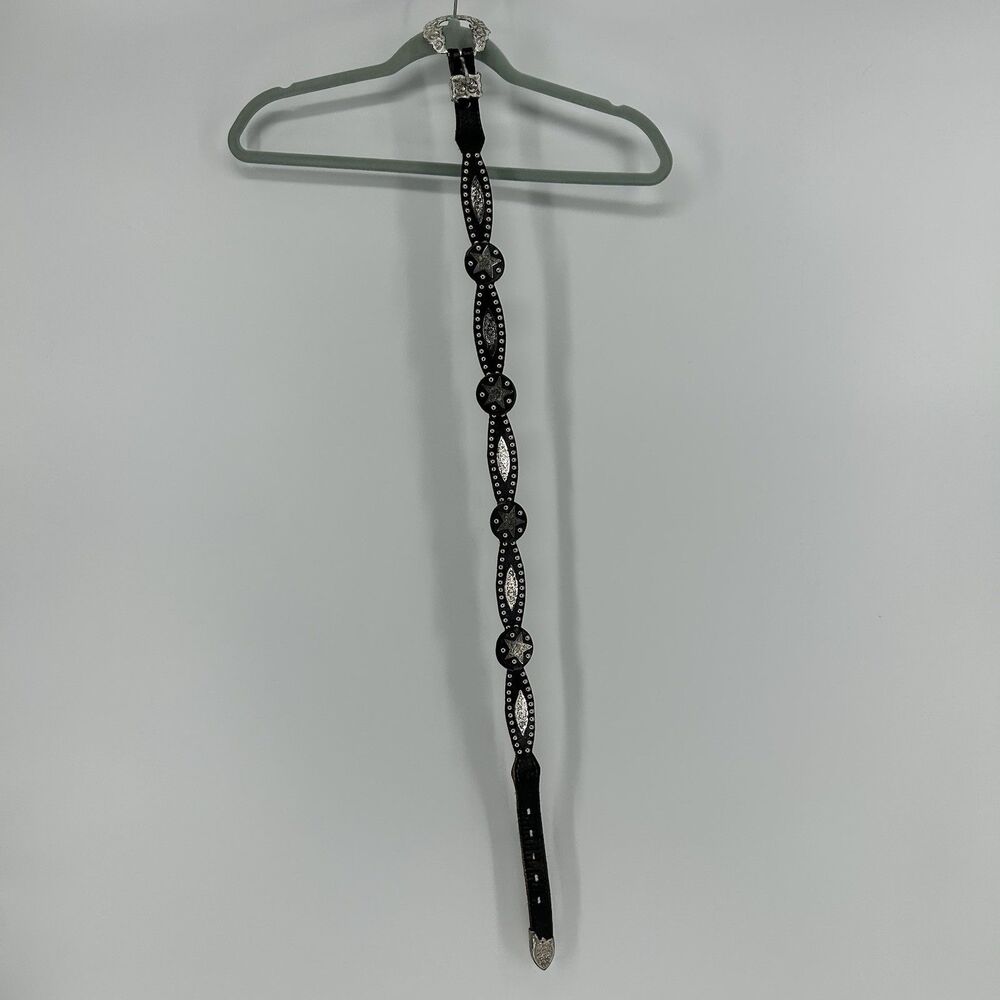 Vintage Western Brown Black Leather Belt 1997 32 IN Studded Silver Buckle